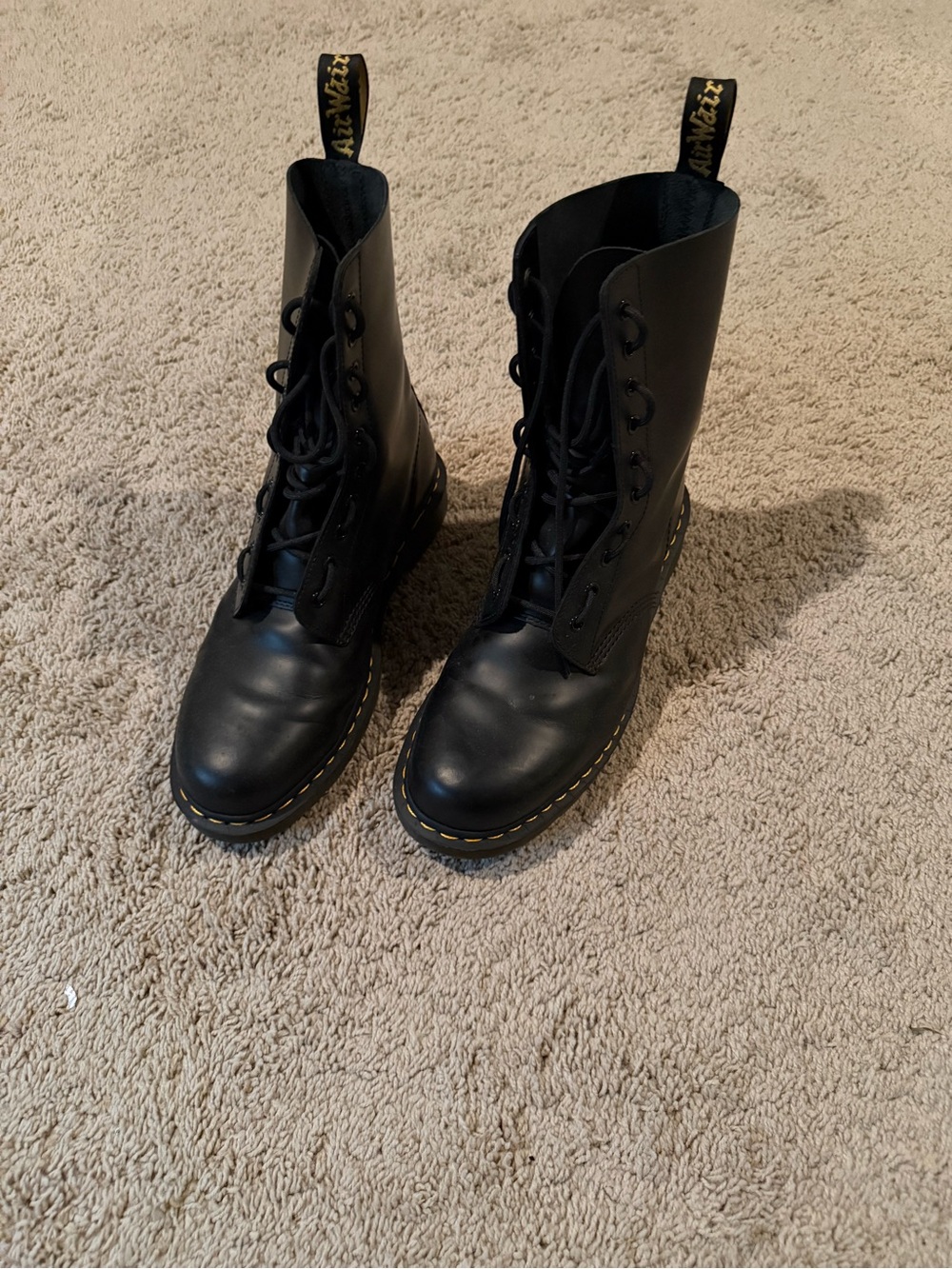 Dr. Martens Black Leather Lace-Up Combat Boots with Yellow Stitching